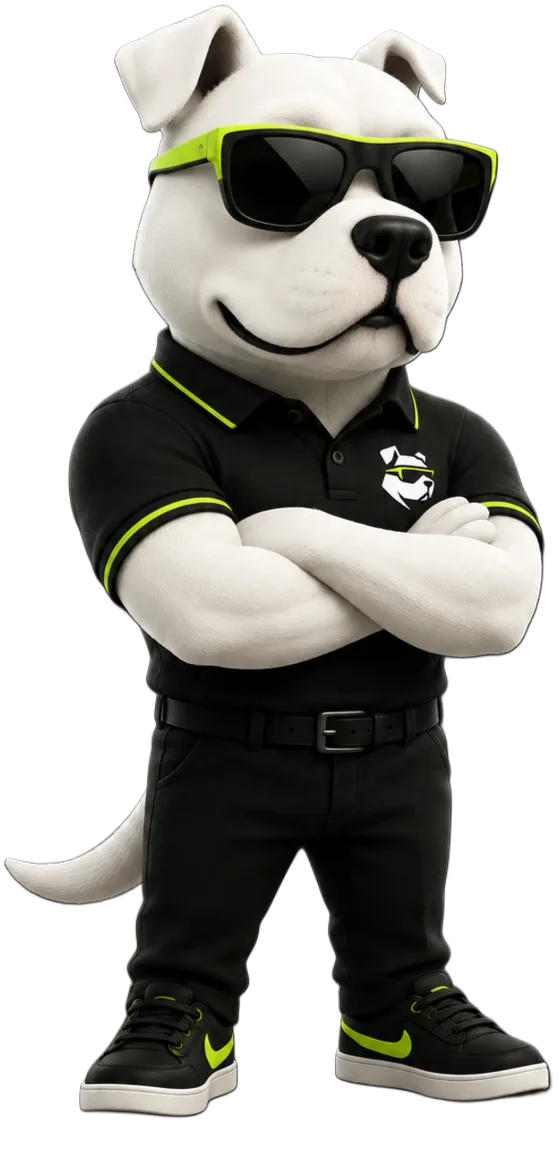 BusinessDawg mascot, arms crossed