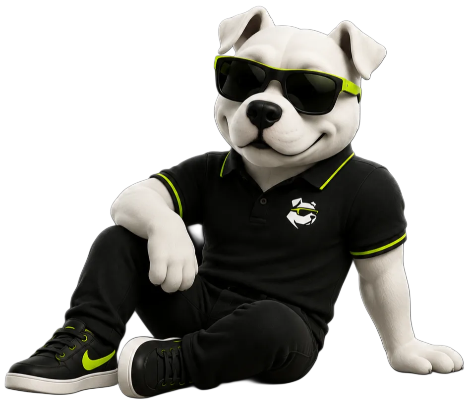 BusinessDawg mascot, sitting